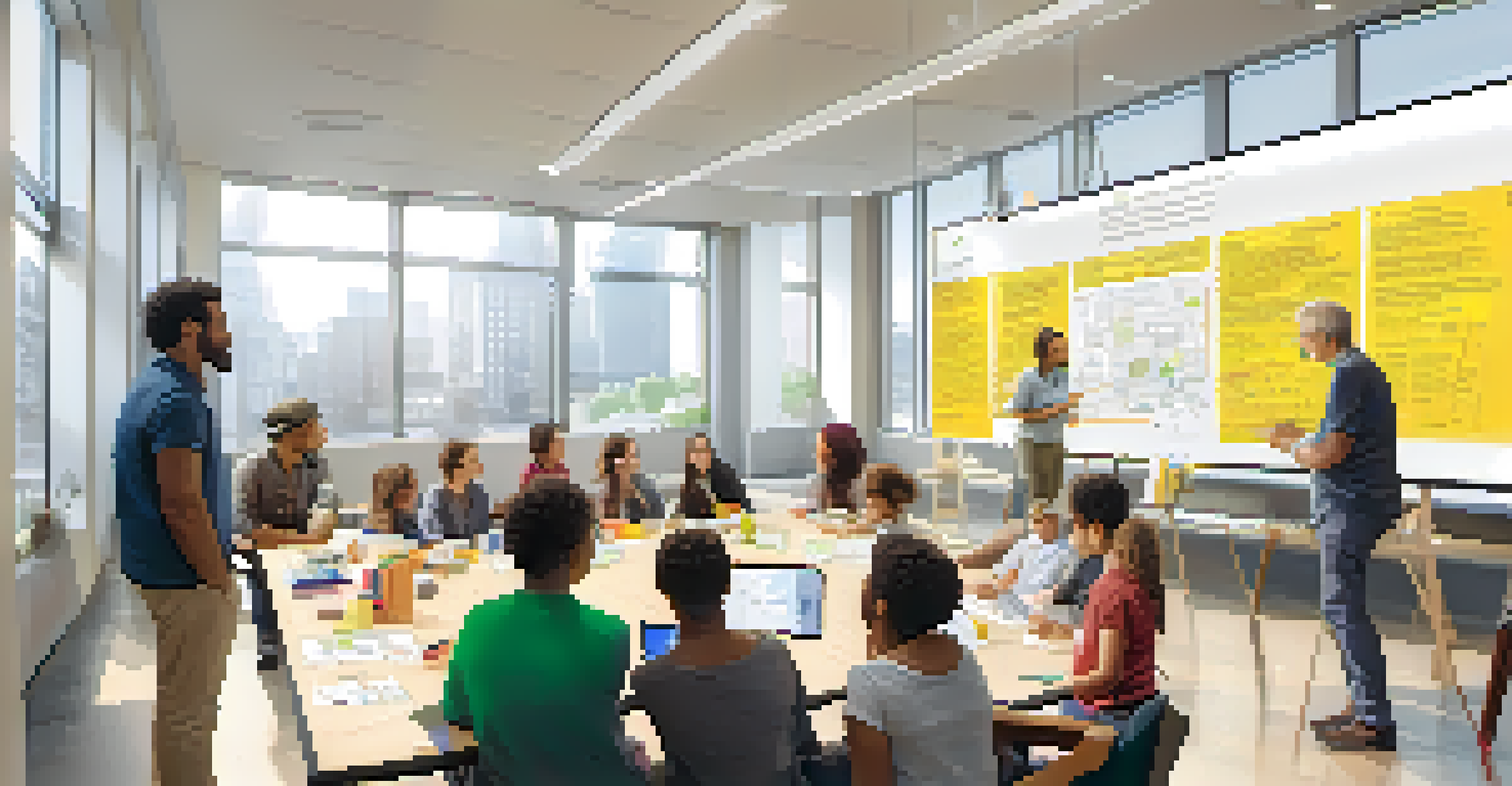 Residents participating in a community workshop in a modern city hall, discussing urban planning with sticky notes on a whiteboard.
