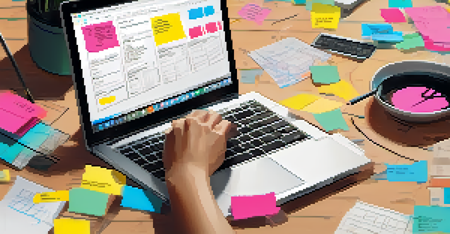 A close-up of hands on a laptop, surrounded by colorful sticky notes and sketches, with user feedback charts on the wall in the background.