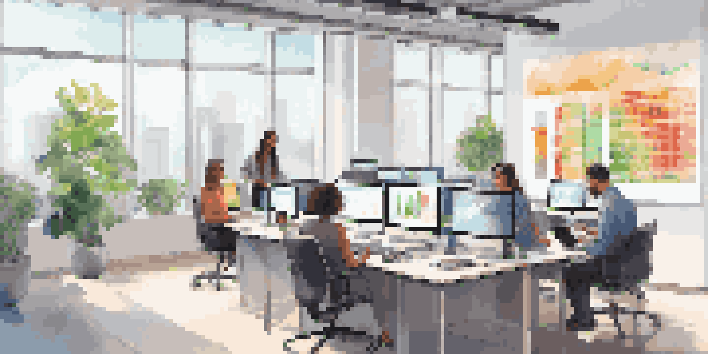 A modern office workspace with diverse team members analyzing colorful data visualizations on digital screens.