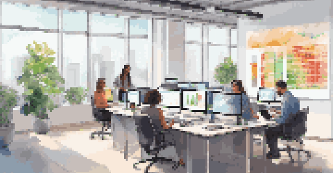 A modern office workspace with diverse team members analyzing colorful data visualizations on digital screens.