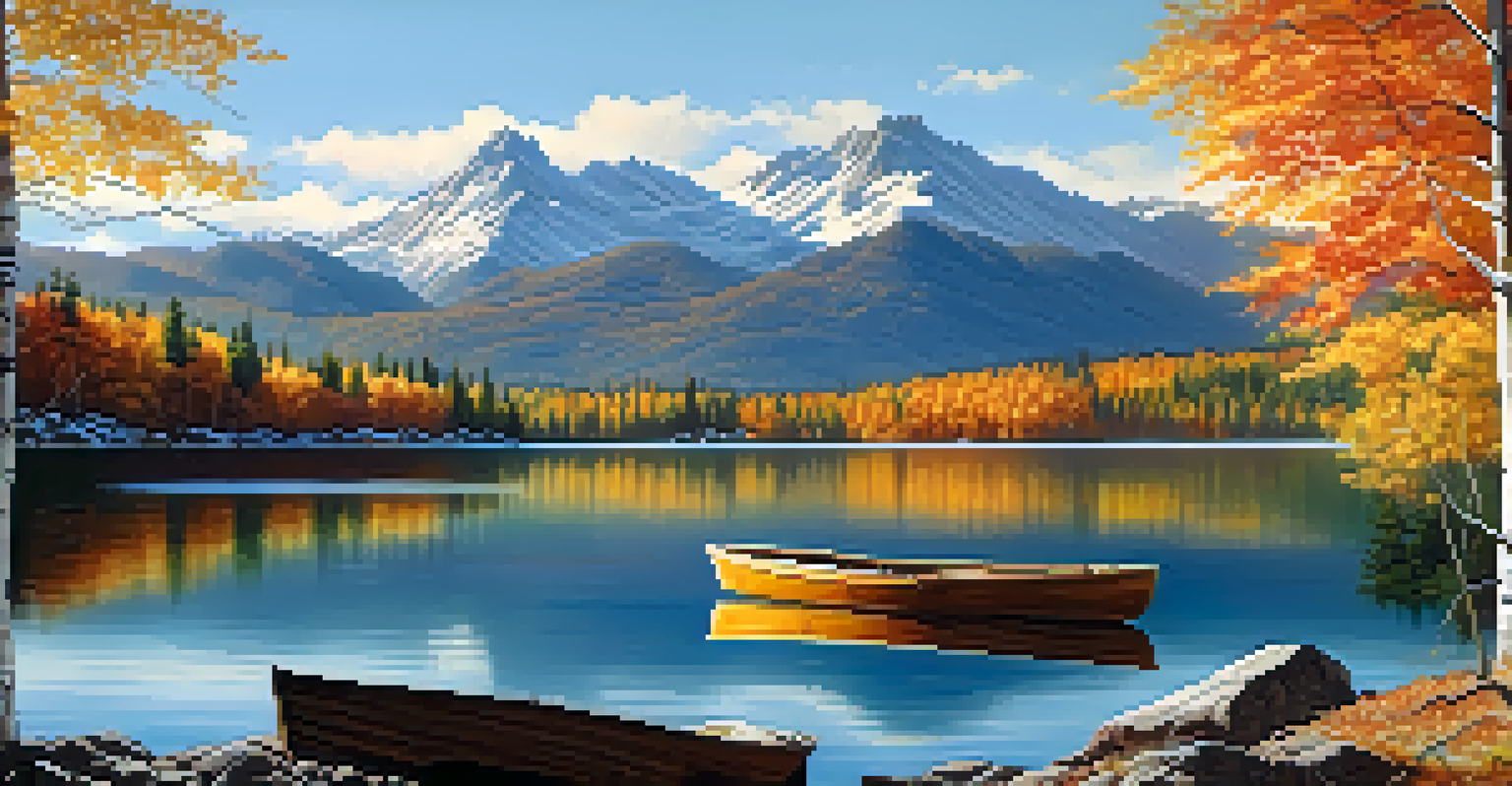 A peaceful autumn mountain landscape with a clear lake, colorful trees, and snow-capped mountains in the background.