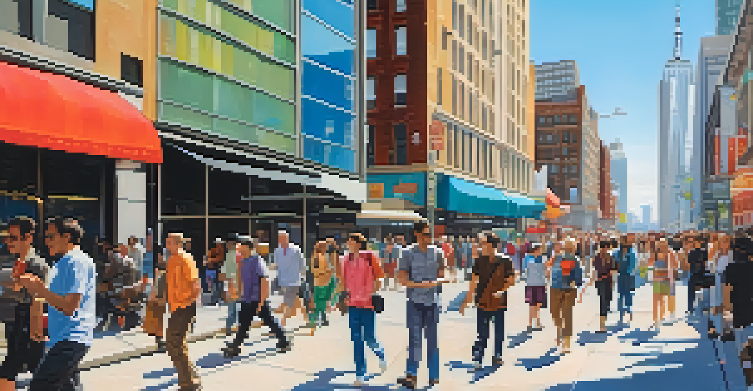 A busy city street with pedestrians walking, modern skyscrapers in the background, and colorful storefronts.