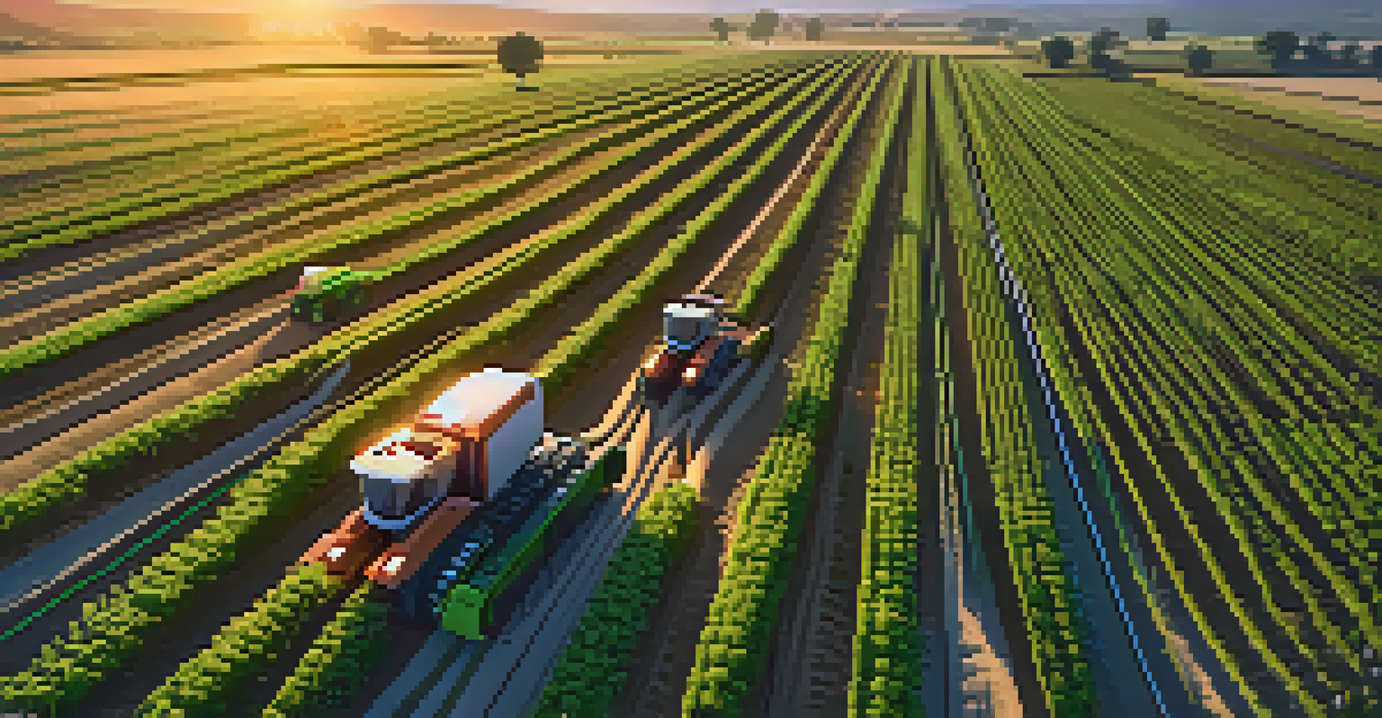 An autonomous farming landscape showing advanced farming equipment and drones in a field, with a sunset in the background.