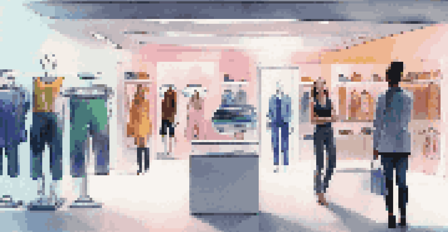 A retail checkout area where a customer uses augmented reality to see different clothing styles on their silhouette.