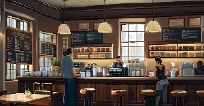 A warm and inviting coffee shop with a barista making coffee, customers chatting, and natural light coming through large windows.