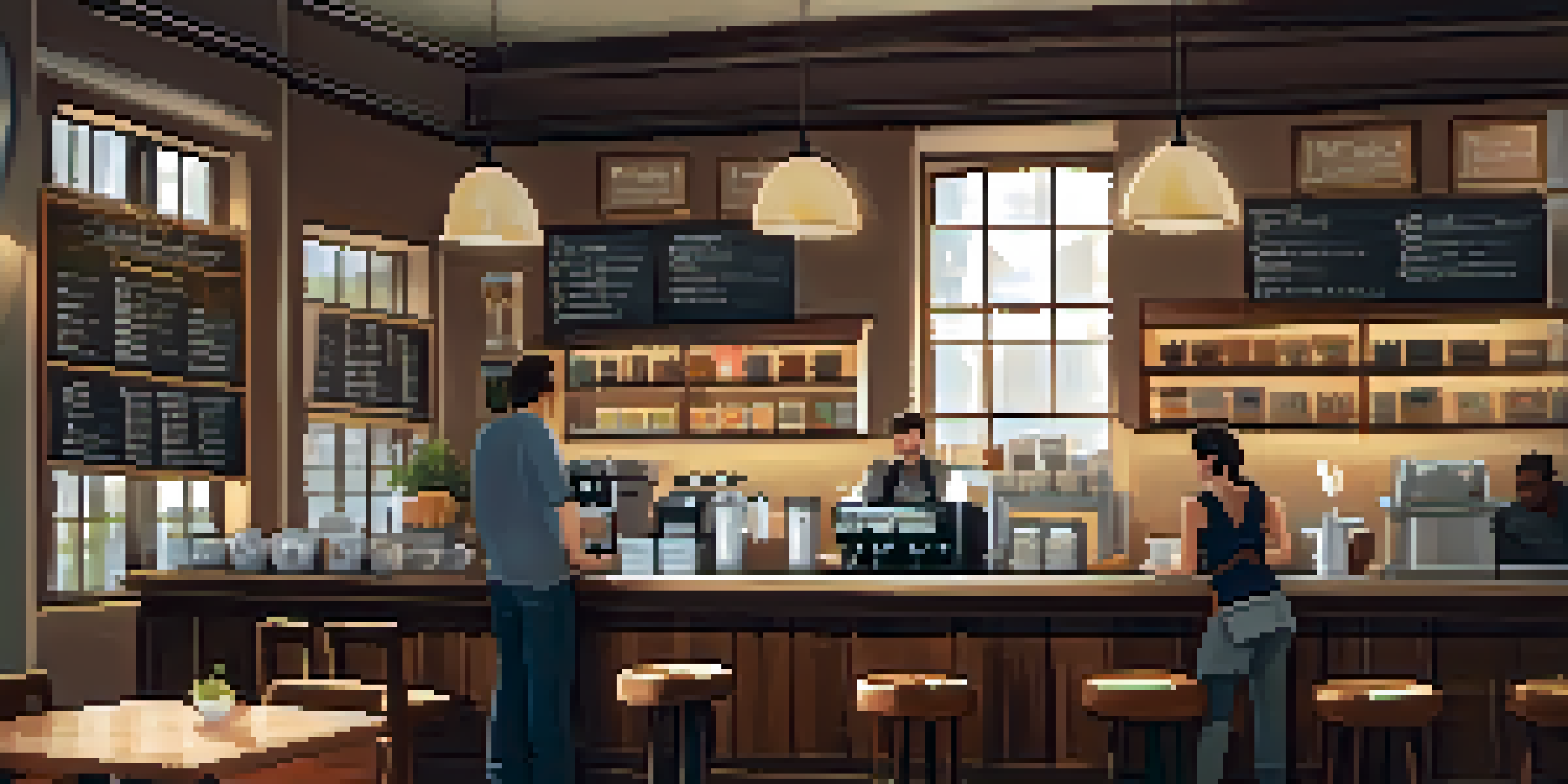 A warm and inviting coffee shop with a barista making coffee, customers chatting, and natural light coming through large windows.