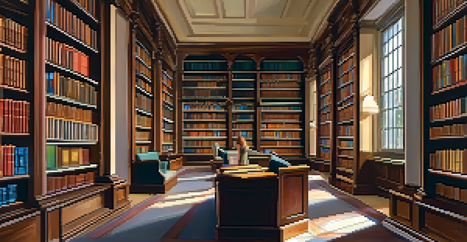 A peaceful library filled with organized bookshelves and warm lighting, featuring a person browsing a book in a cozy reading area.