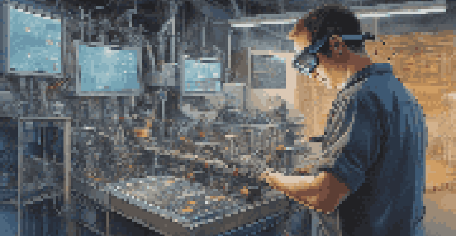 A technician using augmented reality glasses to view equipment data while repairing a machine in a well-organized workshop.