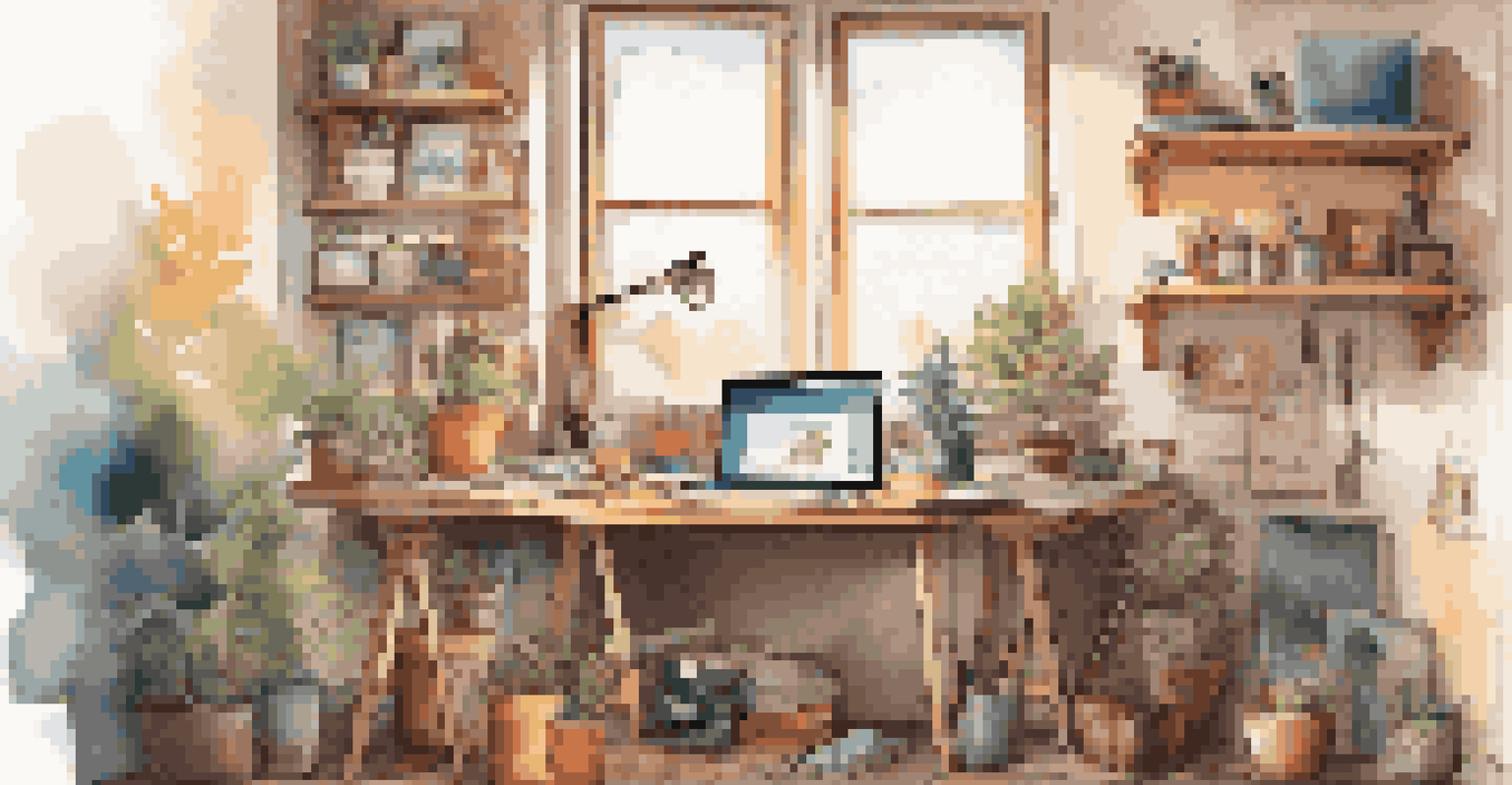 An artist's workspace showcasing a laptop with an online store, surrounded by sketches and digital art, illuminated by natural light.