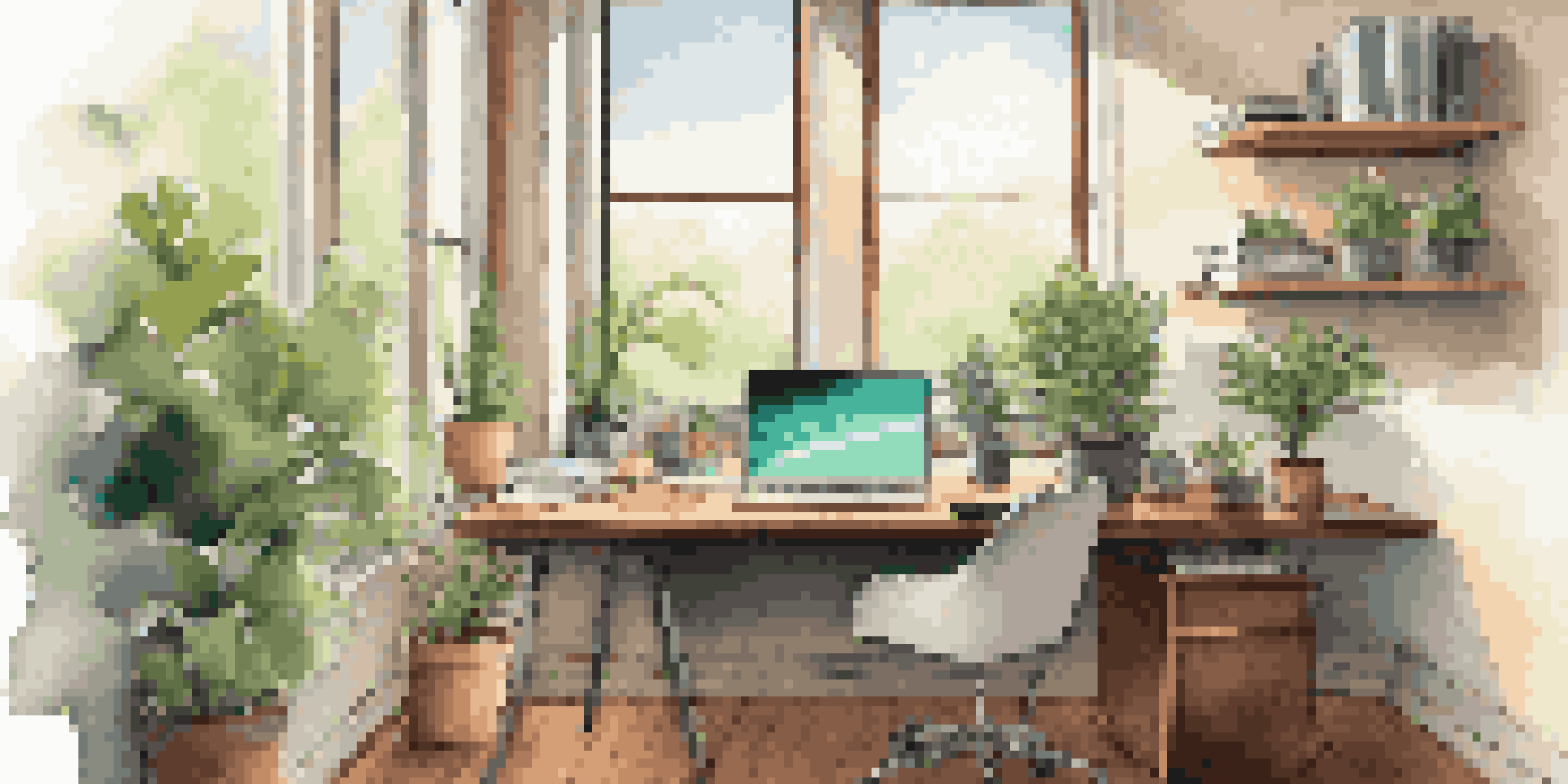 A modern office workspace with a sleek laptop, coffee cup, notepad, and plant, illuminated by natural light.