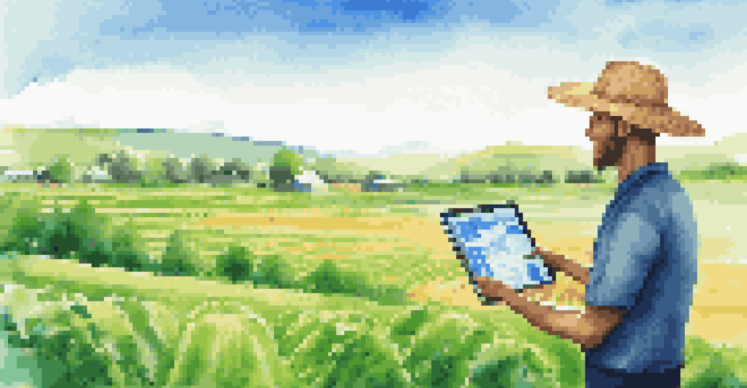 A farmer in a green field using a tablet to manage smart contracts, with crops and a clear blue sky in the background.