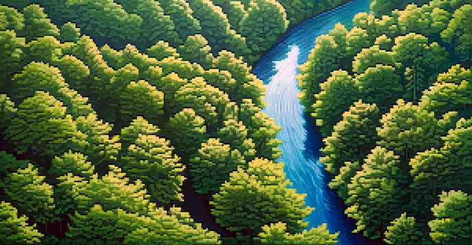 An aerial view of a green forest with a river, sunlight filtering through leaves, and birds in the sky.
