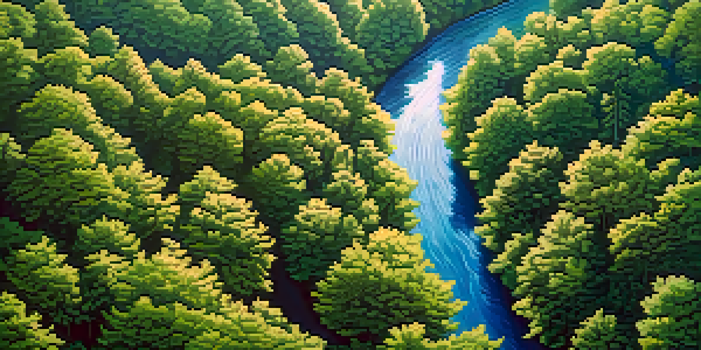 An aerial view of a green forest with a river, sunlight filtering through leaves, and birds in the sky.