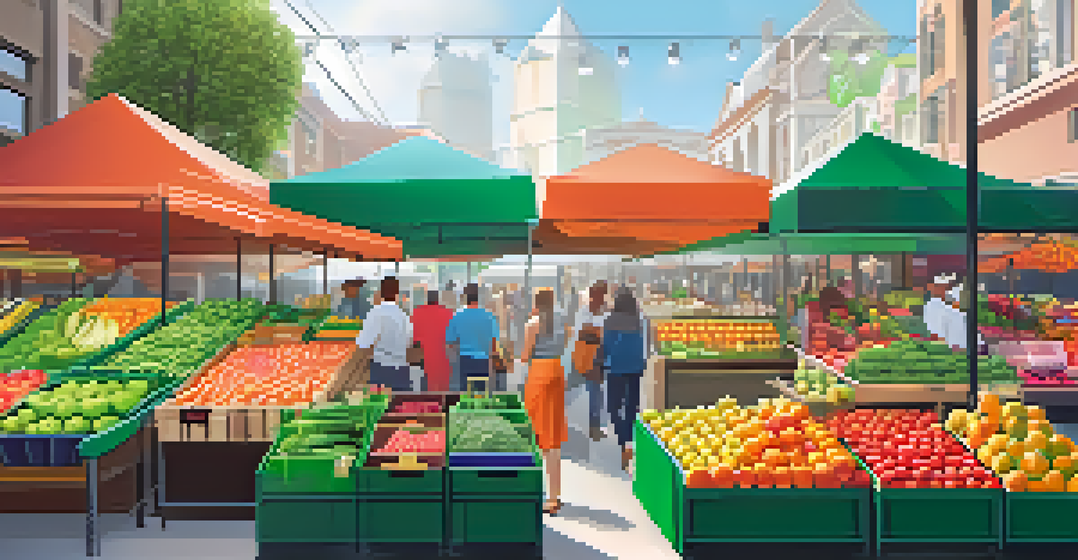 A farmer's market scene with an overlay illustrating blockchain tracking of fresh produce.