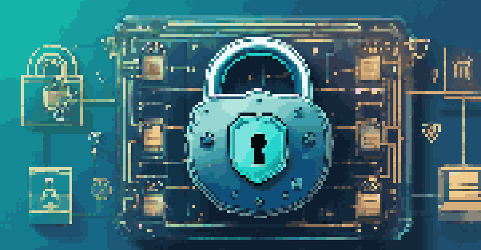 A digital lock with floating data icons representing data security, set against a gradient blue background.