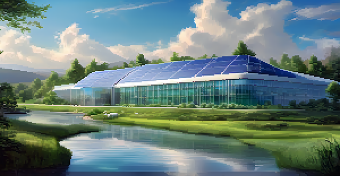 A modern eco-friendly data center surrounded by greenery and solar panels, with a blue sky and a stream nearby.