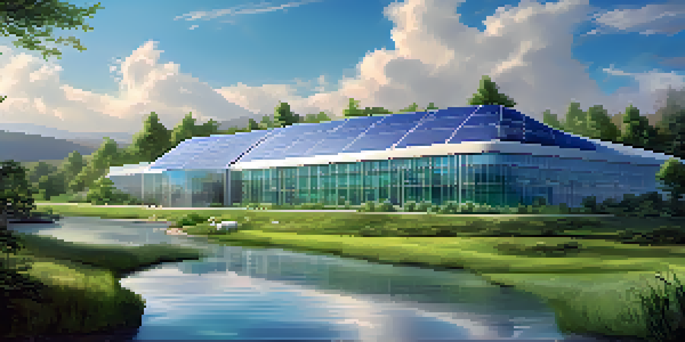 A modern eco-friendly data center surrounded by greenery and solar panels, with a blue sky and a stream nearby.