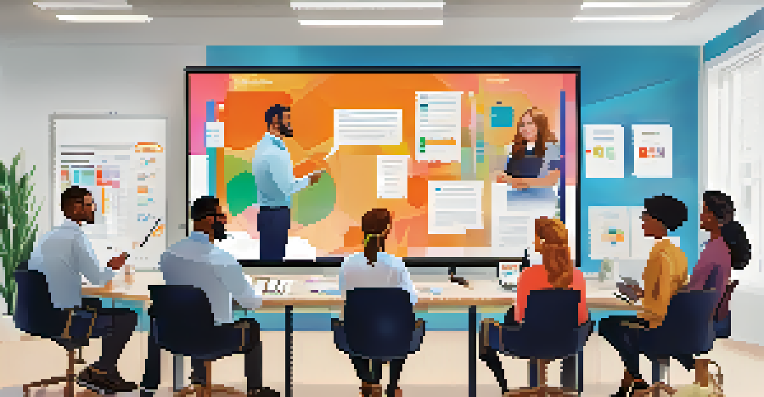 A virtual meeting with diverse team members on a screen, set in a colorful and organized office.