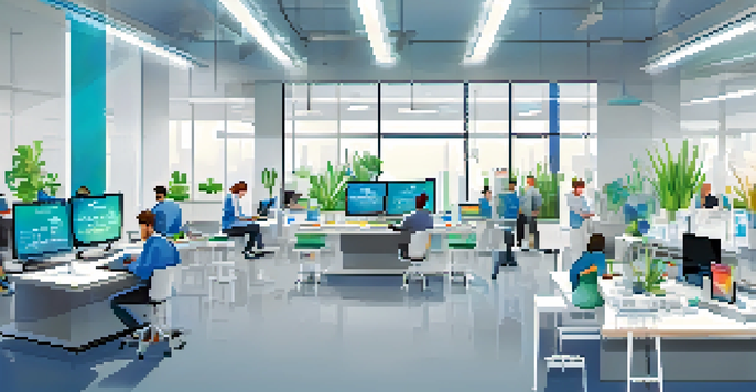 A modern mobile app testing lab filled with various smartphones and tablets, engineers collaborating over a screen with app performance metrics.