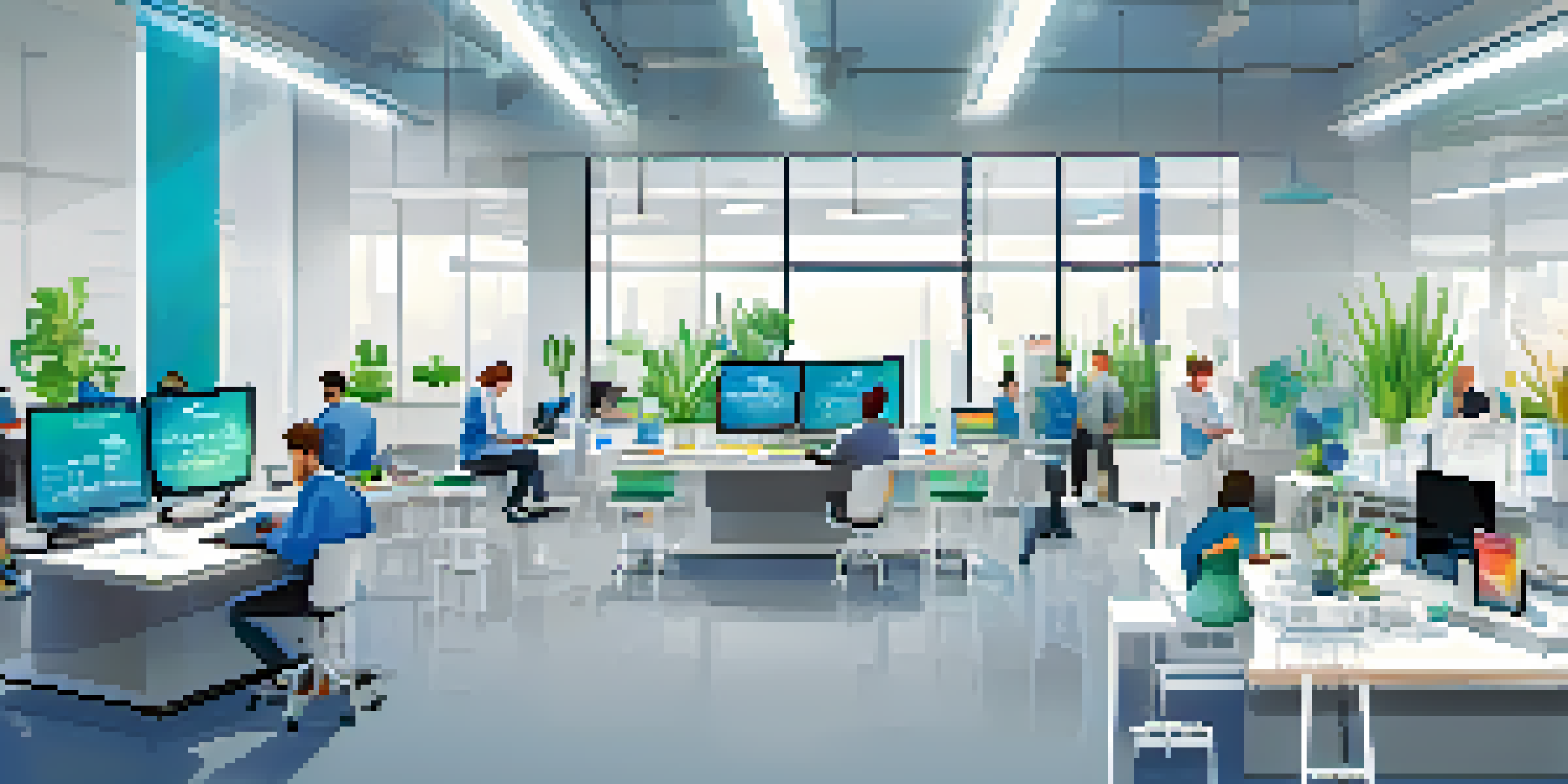 A modern mobile app testing lab filled with various smartphones and tablets, engineers collaborating over a screen with app performance metrics.