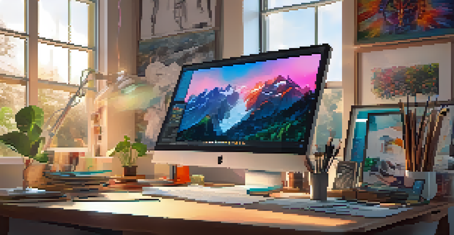 An artist's workspace with digital art tools and a monitor showing an NFT being minted, illuminated by warm sunlight.