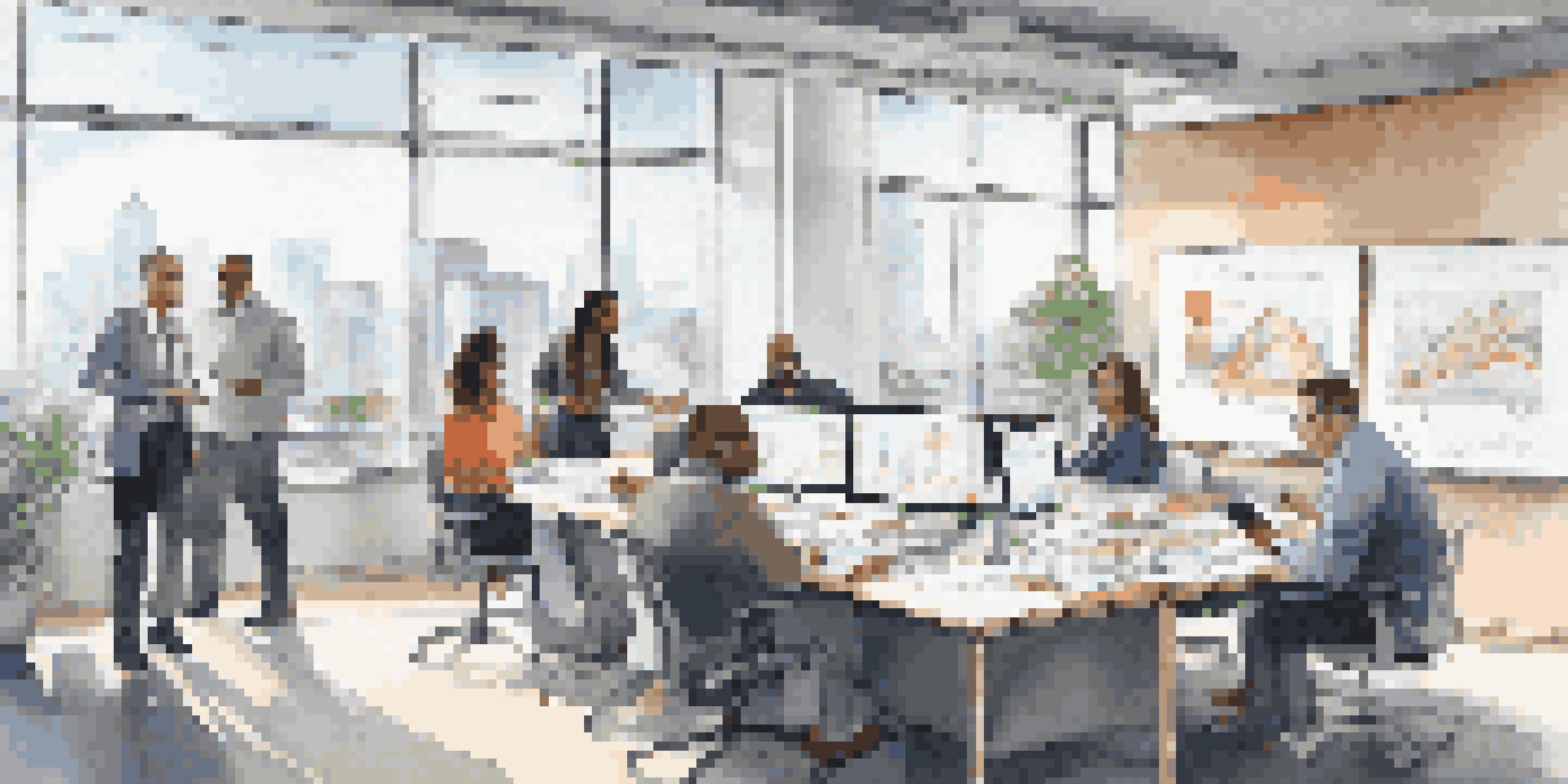 A diverse team in a modern office discussing legacy system integration, with bright natural light and whiteboards filled with notes.