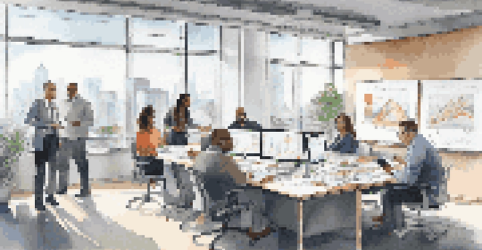 A diverse team in a modern office discussing legacy system integration, with bright natural light and whiteboards filled with notes.