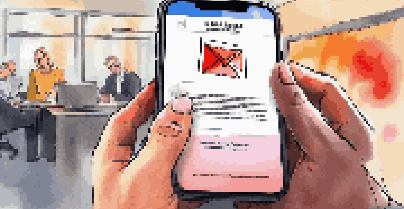 A close-up of a hand holding a smartphone showing a phishing email alert, with an office environment blurred in the background.