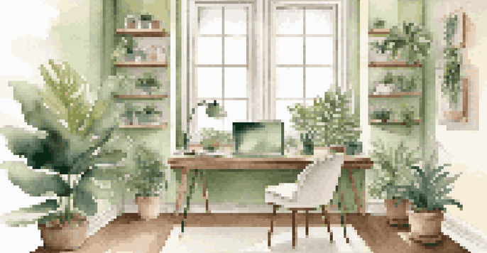 A bright and modern home office with a laptop on a desk, indoor plants, and natural light coming through a window.