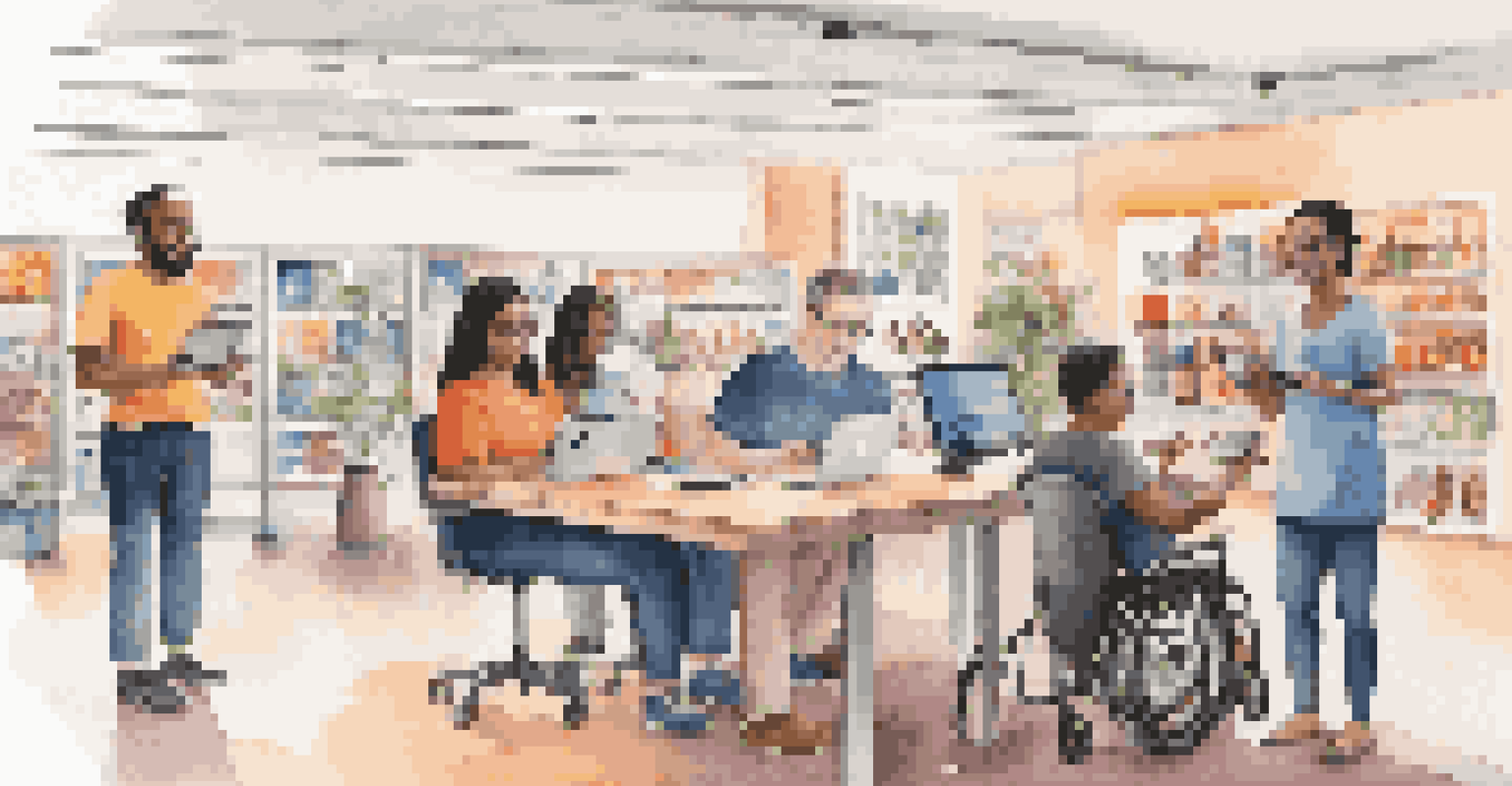 A diverse group of shoppers, including individuals with disabilities, are interacting with assistive technologies while shopping online in a vibrant workspace.