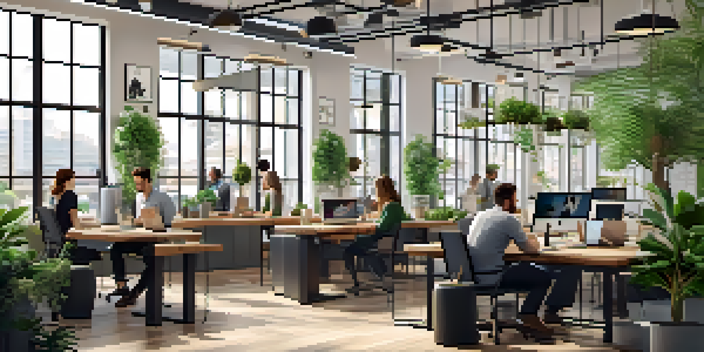 A bright office scene in a coffee shop with employees using laptops, illustrating desktop virtualization and remote work flexibility.