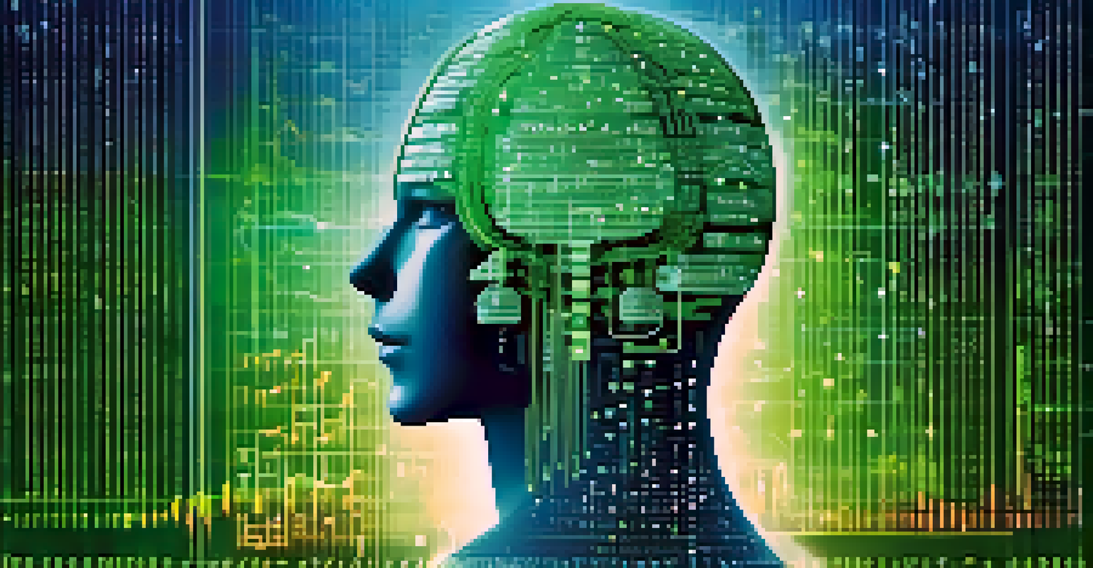 An abstract digital brain made of binary code and financial symbols against a blue-green gradient background, representing AI in finance.