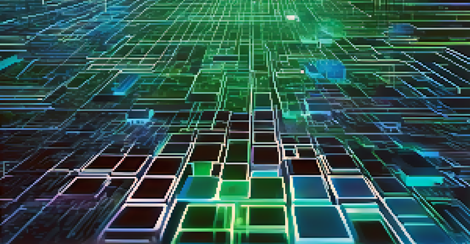 An intricate visualization of a blockchain network with interconnected glowing blocks in blue and green against a digital grid background.