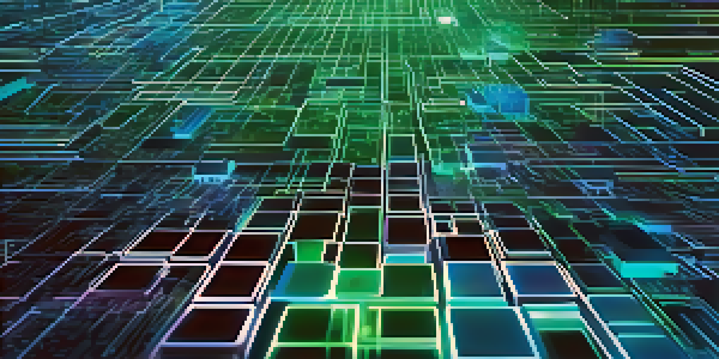 An intricate visualization of a blockchain network with interconnected glowing blocks in blue and green against a digital grid background.