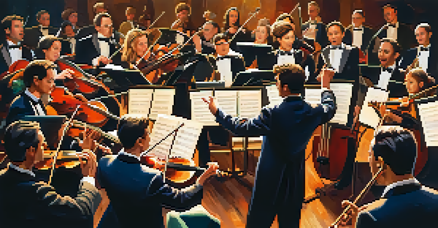 A symphony orchestra performing with musicians playing various instruments under the direction of a conductor.