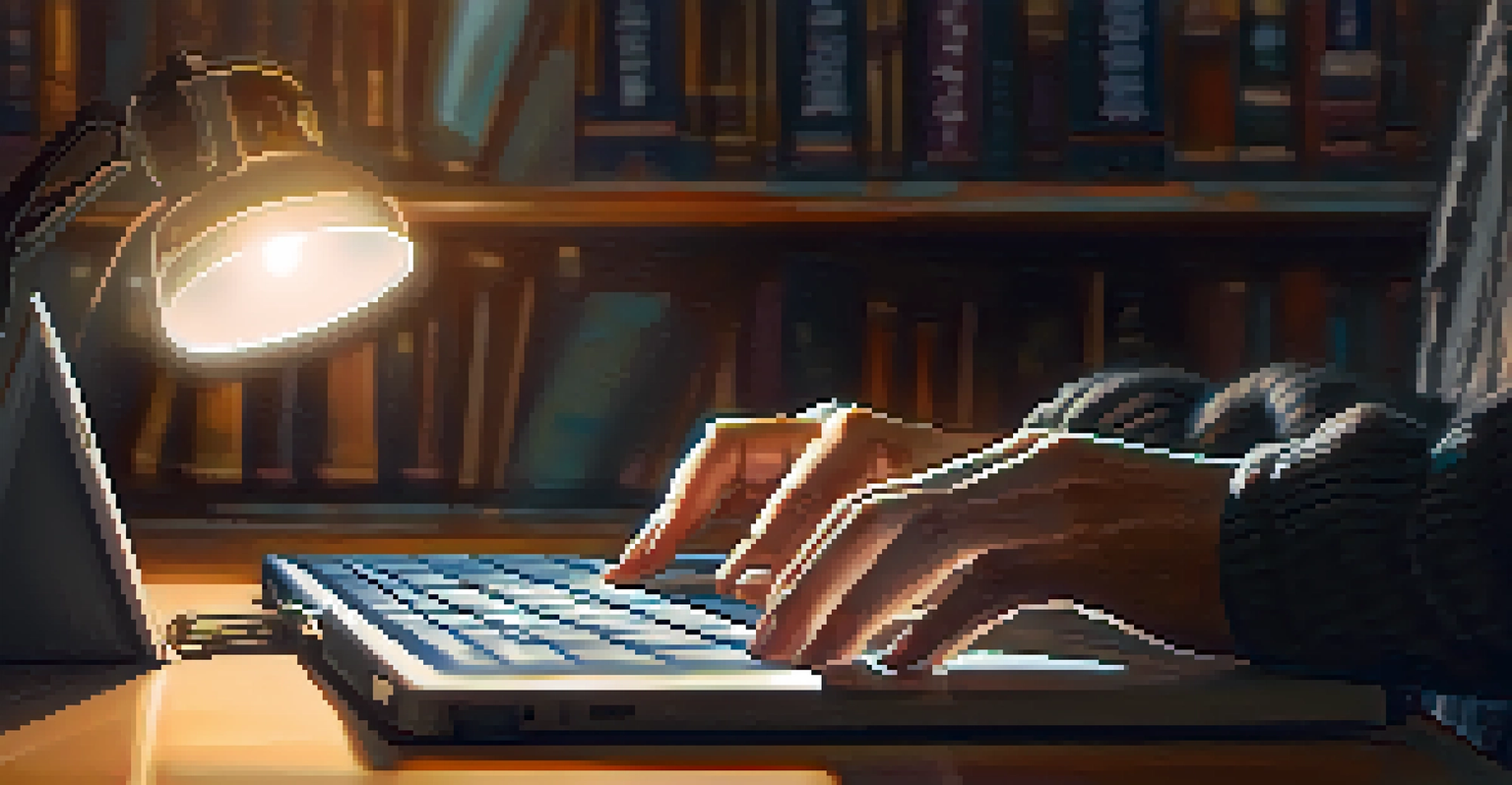 Close-up of hands typing on a laptop with a warm desk lamp illuminating the workspace.