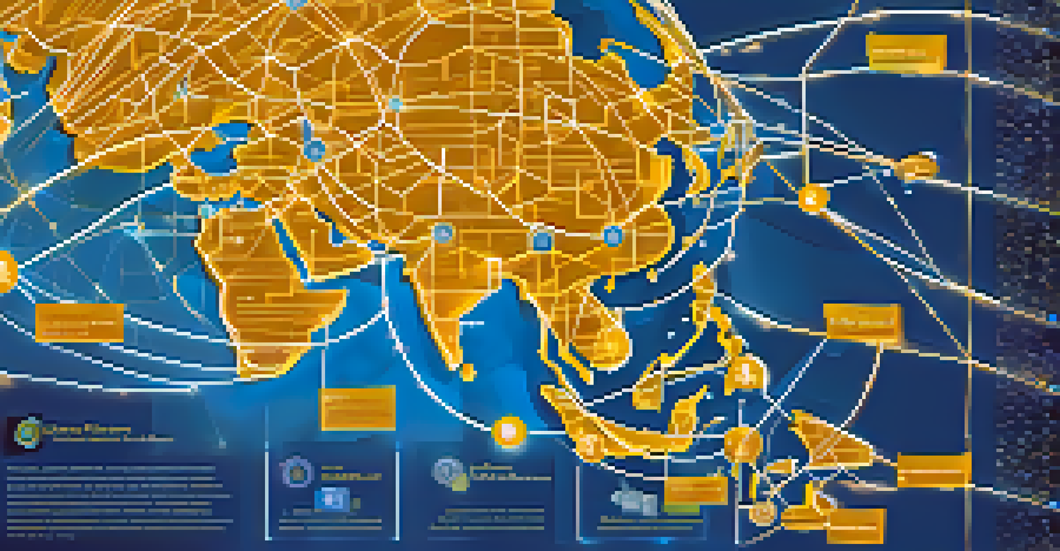 A global map with a blockchain network overlay, showcasing product movements along secure pathways.