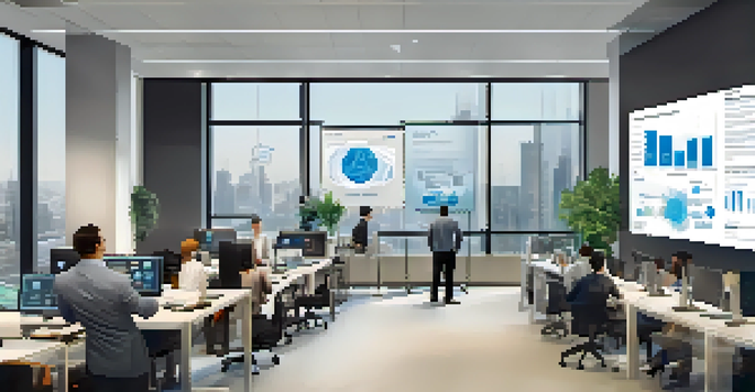 A diverse group of employees in a bright office engaging in a cybersecurity training session, with a presentation on a screen.