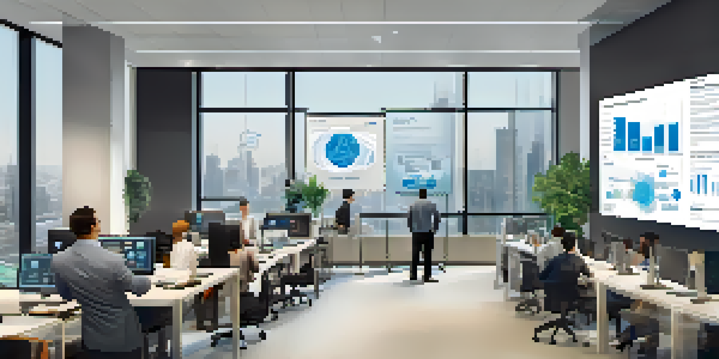 A diverse group of employees in a bright office engaging in a cybersecurity training session, with a presentation on a screen.