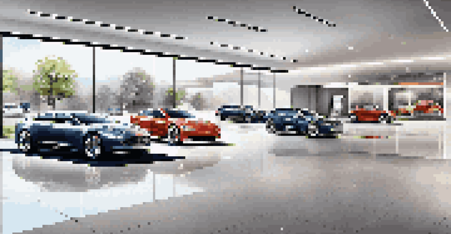 A sleek car showroom with customers using augmented reality to customize luxury vehicles.