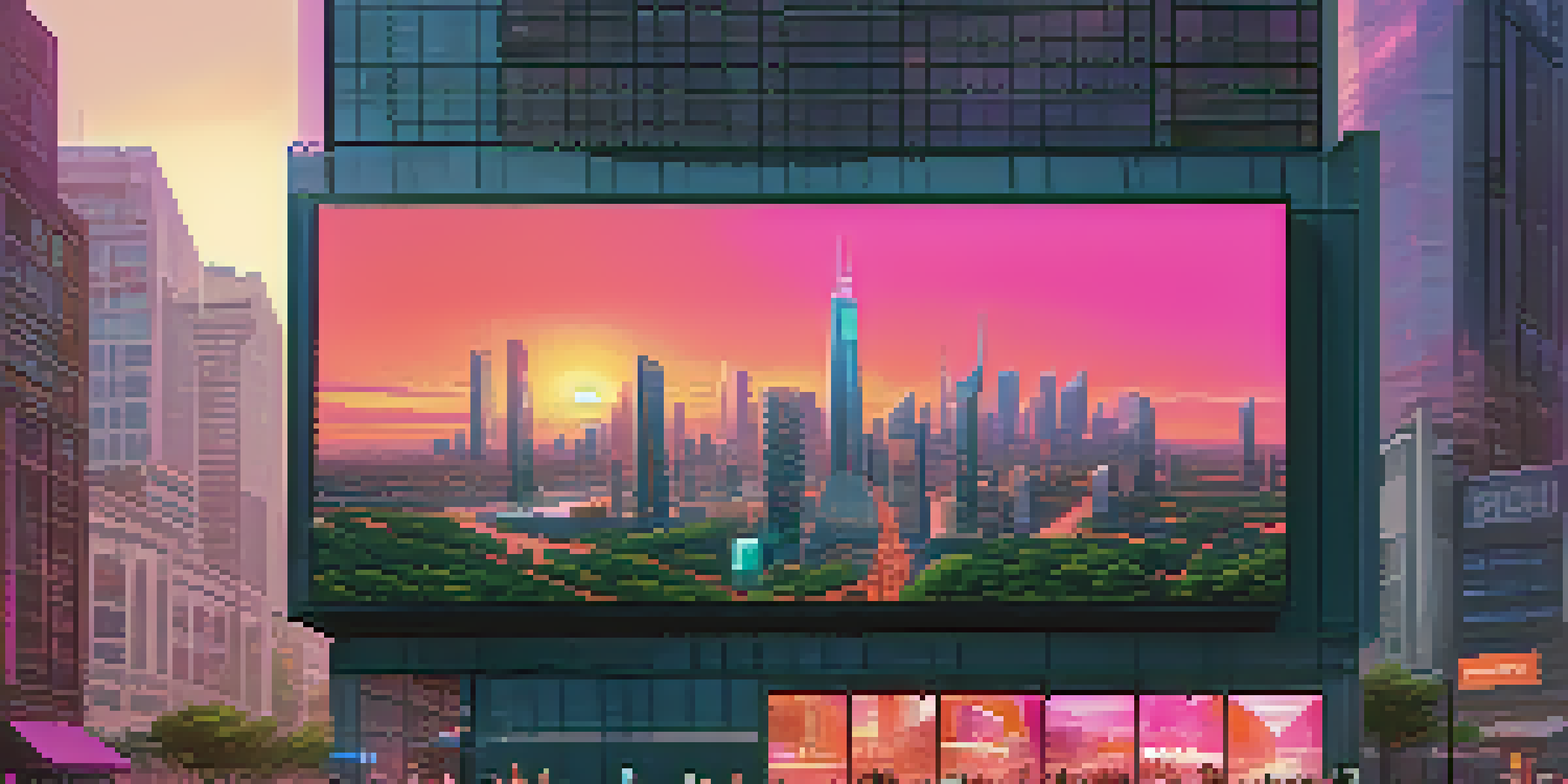 A futuristic city at sunset with skyscrapers, greenery, neon lights, and busy streets, featuring a digital billboard about blockchain.