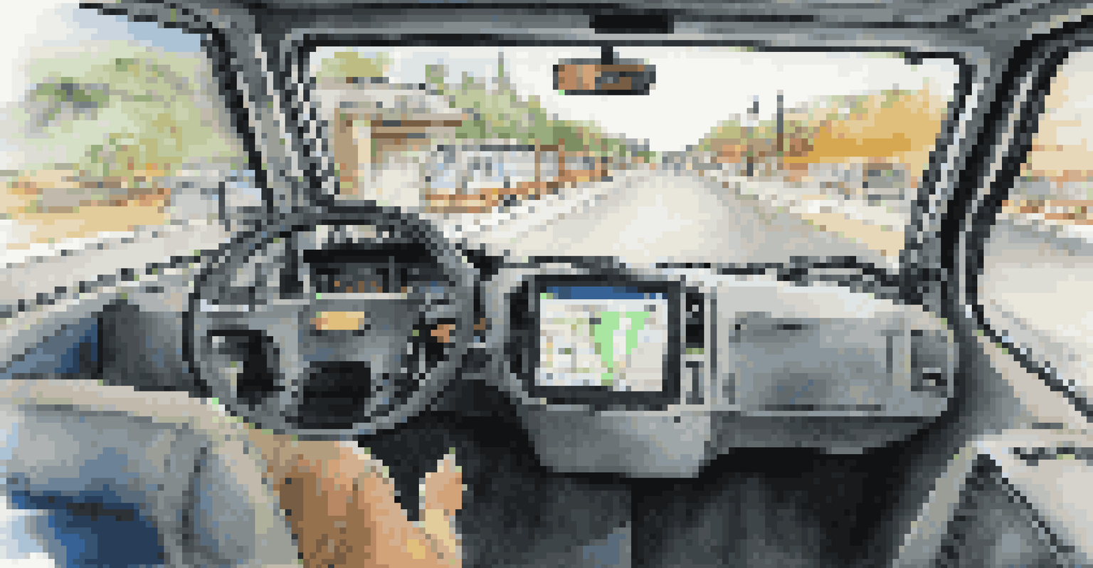A close-up view of a bus driver's dashboard with telematics data displayed.