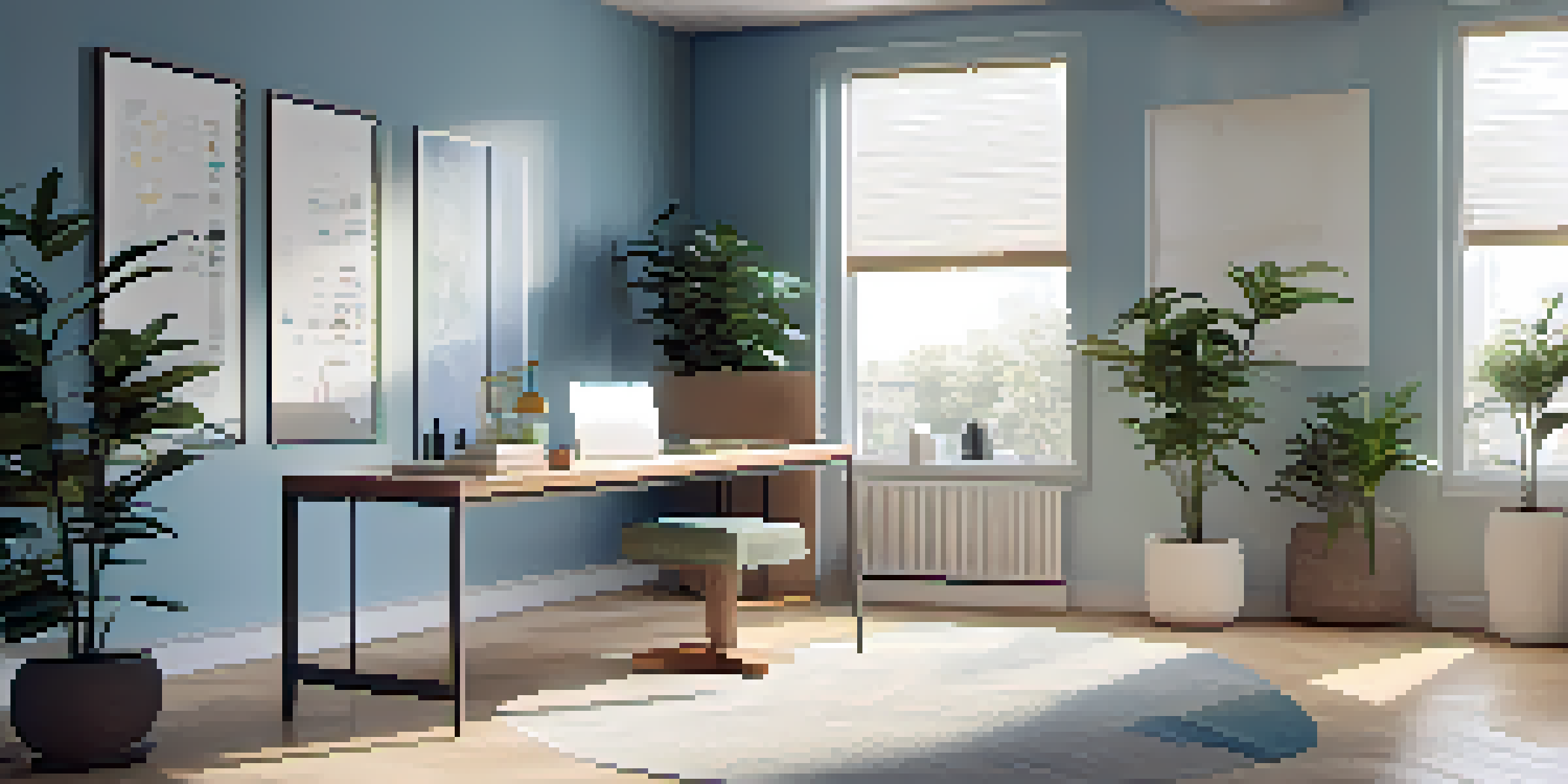 A modern office space with a spacious desk, laptop, potted plant, and large window, bathed in natural light and decorated in soft blues and greens.