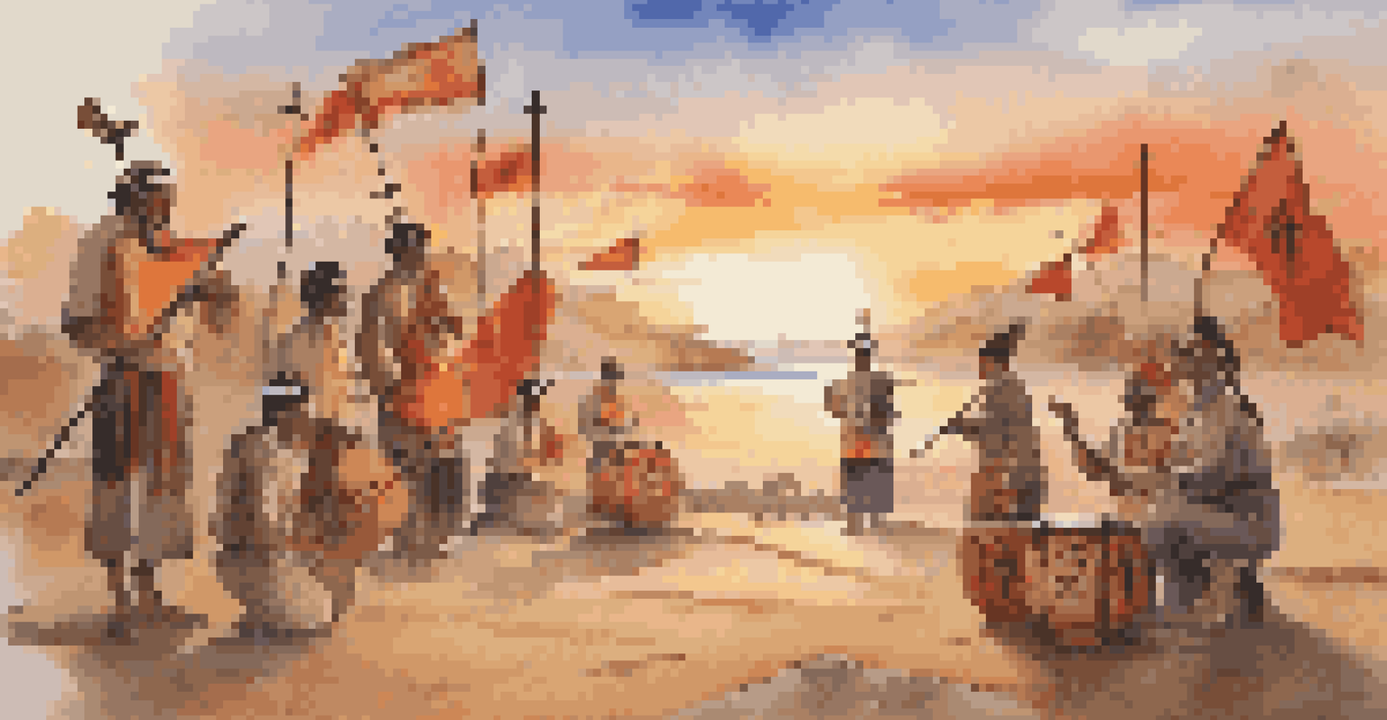 A peaceful landscape displaying various cultural symbols like flags and instruments against a sunset backdrop, symbolizing unity and diversity among cultures.
