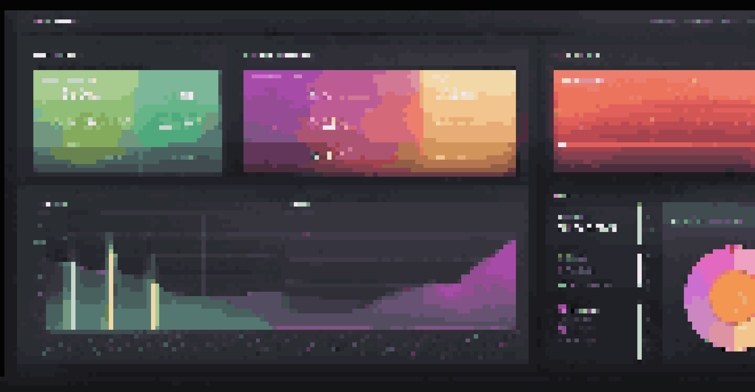 A user interface mockup of a data visualization dashboard showcasing various graphs and interactive elements on a dark background.