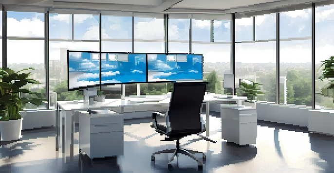 A bright modern office with a large monitor showing cloud computing graphics, complemented by sleek furniture and plants.