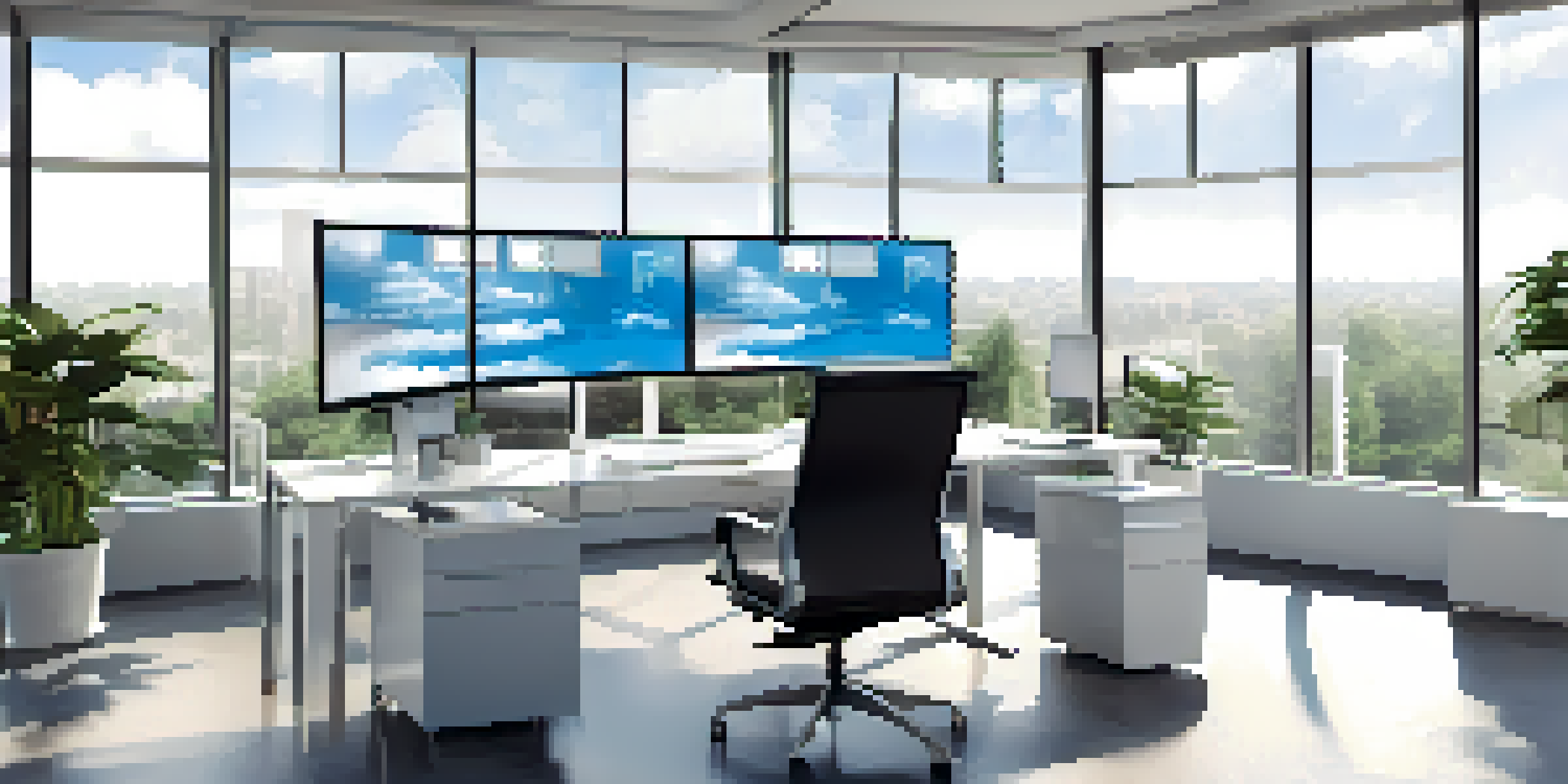 A bright modern office with a large monitor showing cloud computing graphics, complemented by sleek furniture and plants.
