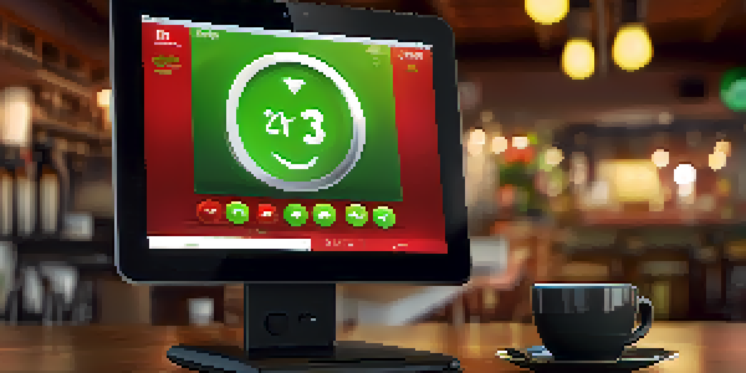 A digital tablet showing a Net Promoter Score gauge in a coffee shop.