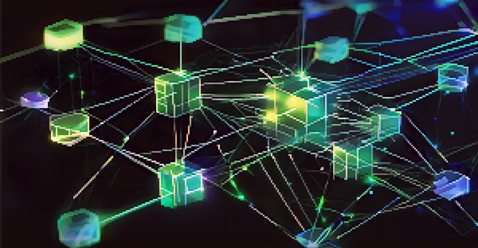 A digital ledger interface depicting a blockchain network with glowing nodes and lines against a dark background.