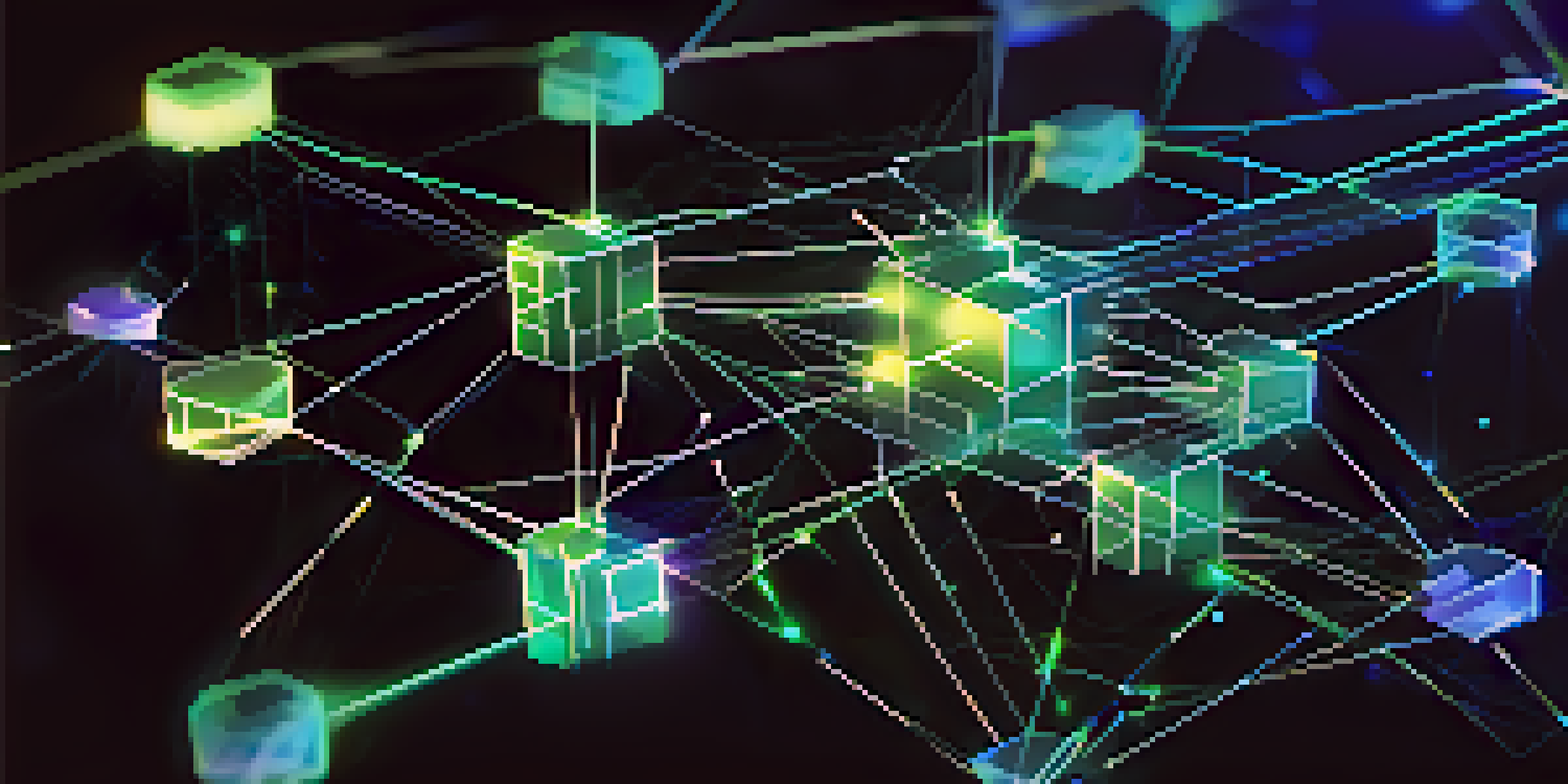 A digital ledger interface depicting a blockchain network with glowing nodes and lines against a dark background.